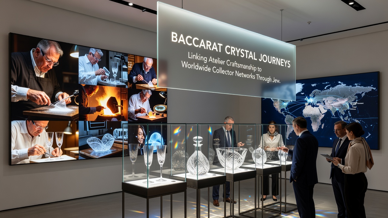 Internationale Sammler betrachten Baccarat Kristallsets mit abgestimmtem Schmuck in einer Ausstellung