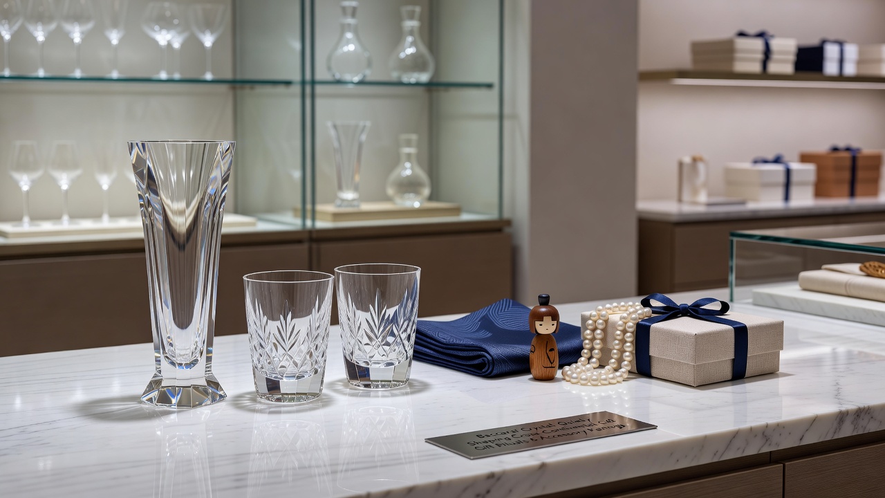 Baccarat Kristallvasen kombiniert mit internationalen Schmuckaccessoires in einer Geschenksituation