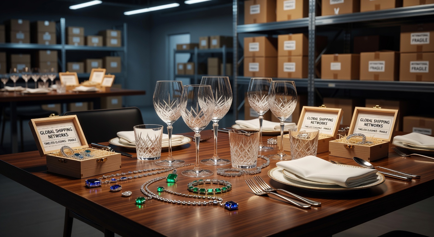 Kristallglaswaren und passender Schmuck in eleganten Tischarrangements mit globalen Versandelementen