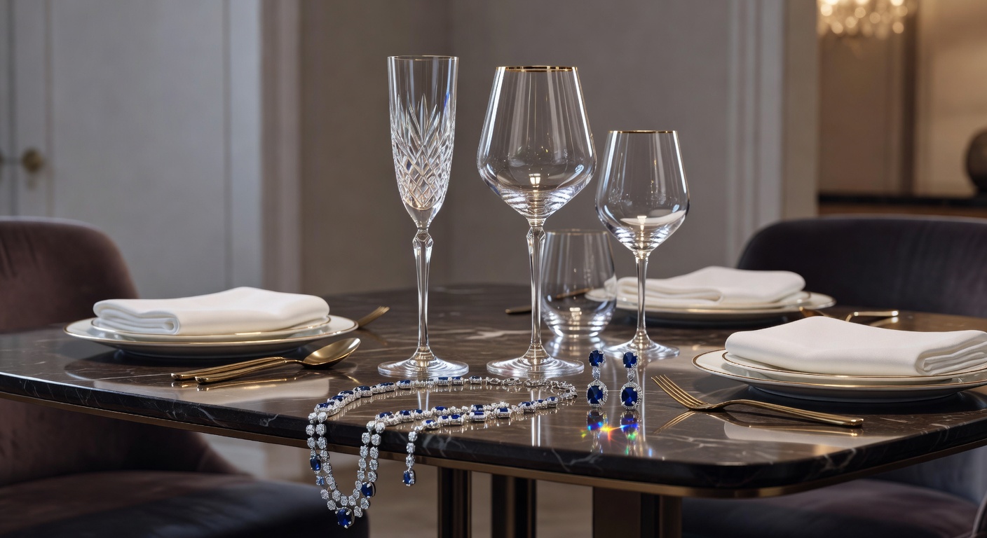 Elegant gedeckter Tisch mit Baccarat-Kristallgläsern und passendem Schmuck, der in funkelndem Licht glänzt