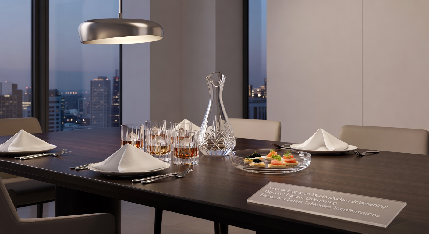 Nahaufnahme eines Baccarat-Tafelsets aus der 2026-Kollektion, mit schimmernden Gläsern und Platten auf einem Tisch, beleuchtet für ein modernes Abendessen