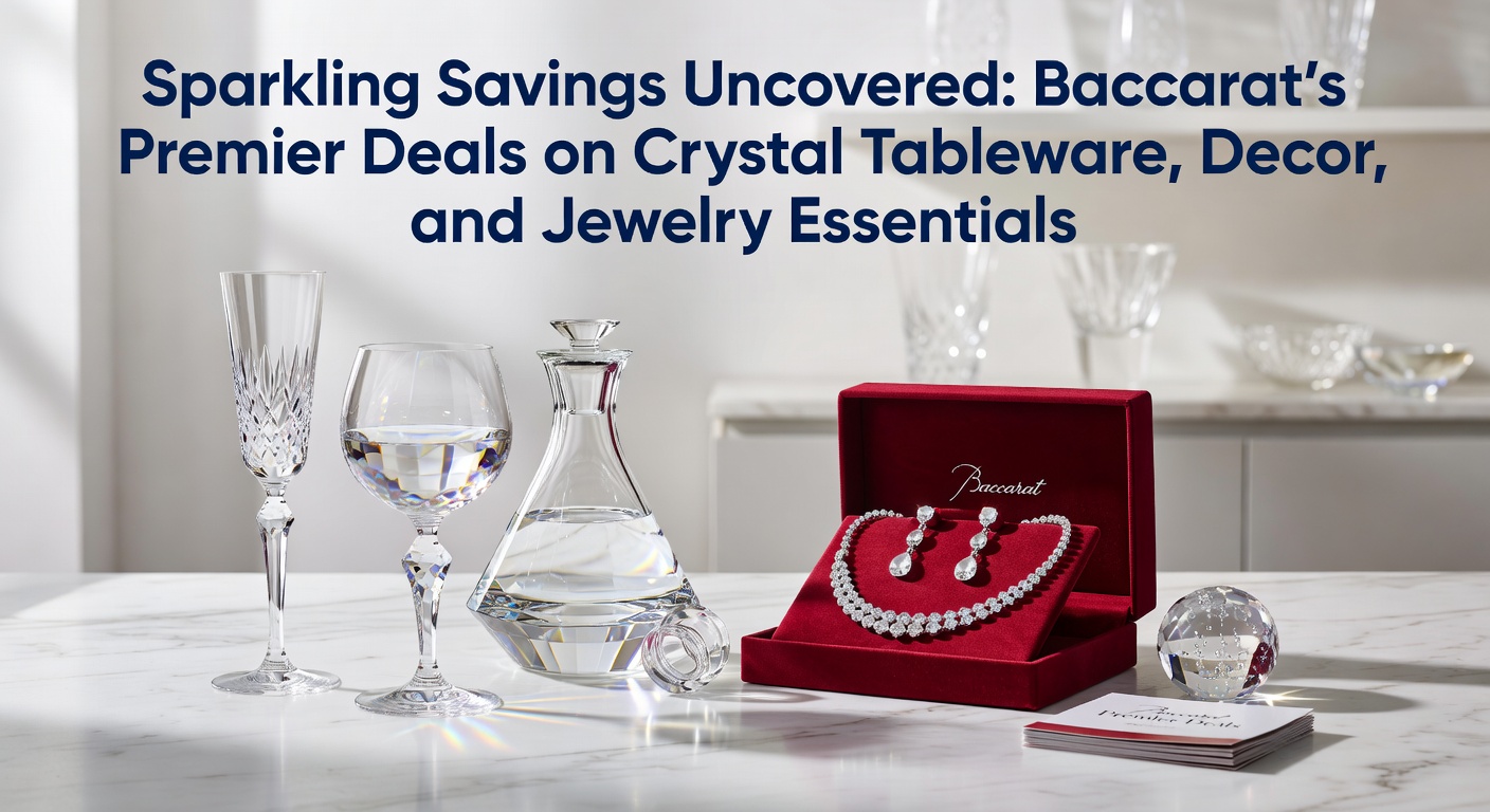 Baccarat-Kristall-Tableware mit funkelnden Gläsern und Deko-Elementen auf einem eleganten Tisch arrangiert, die aktuelle Rabattangebote hervorheben