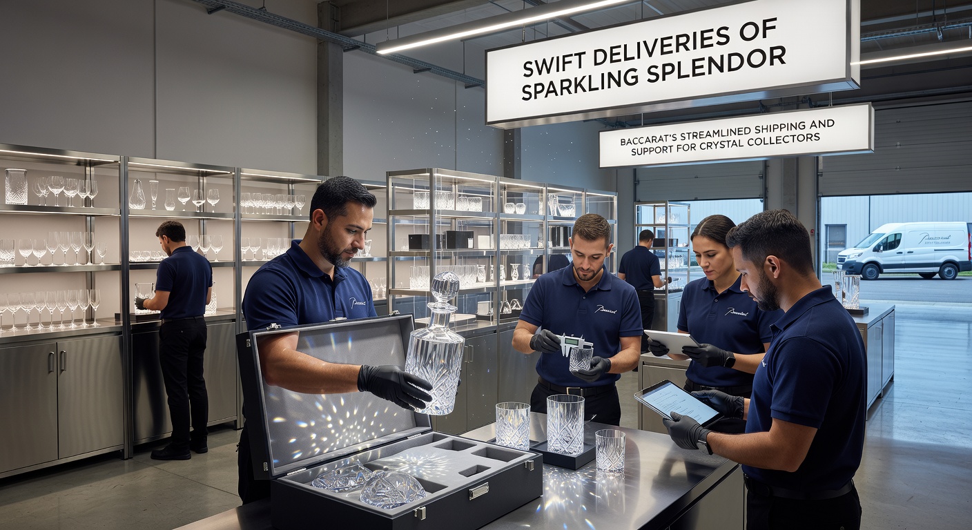Sorgfältig verpackte Baccarat-Kristallobjekte in spezieller Versandverpackung, bereit für den Transport zu Sammlern weltweit